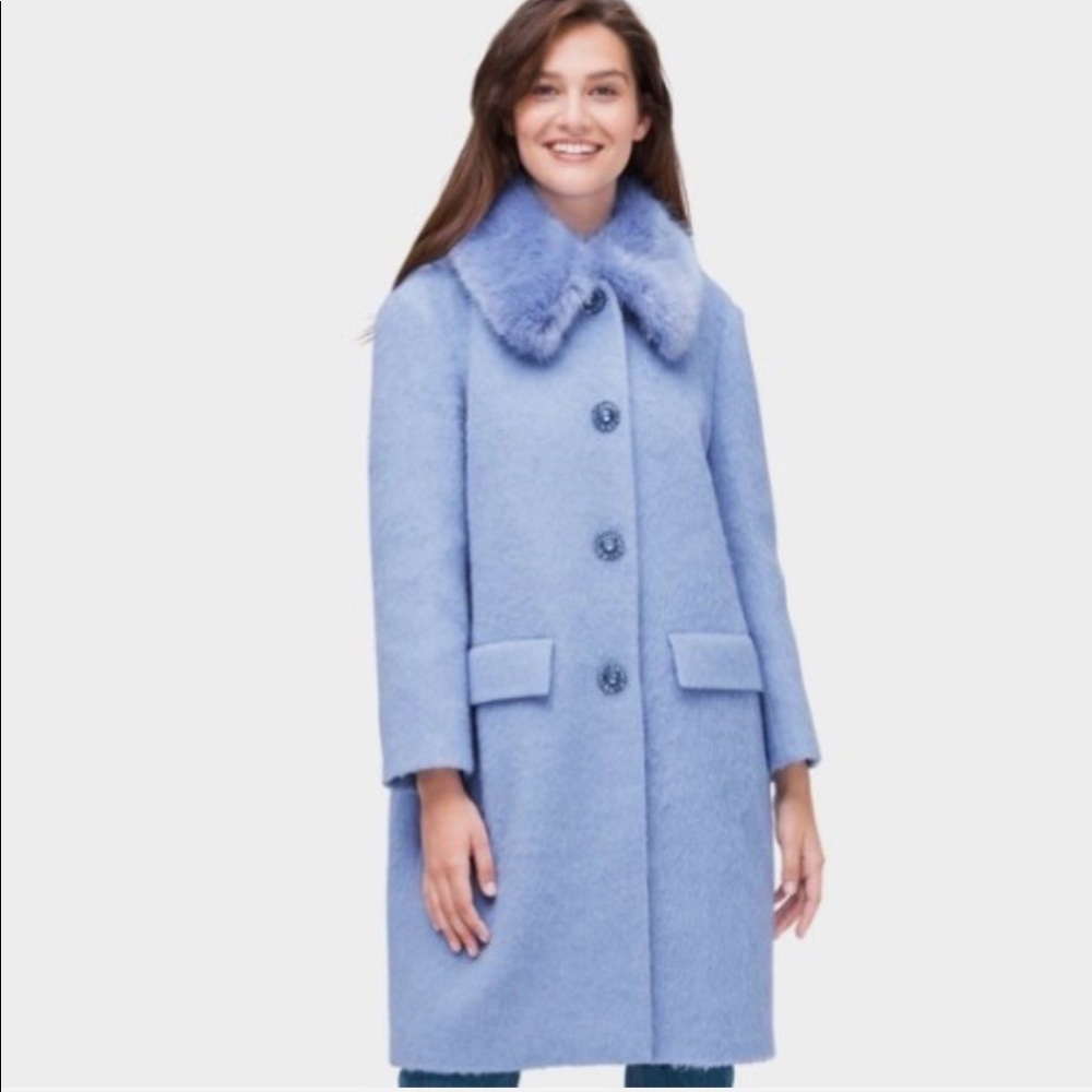 Kate Spade Wild Ones Faux Fur Trim Blue Coat